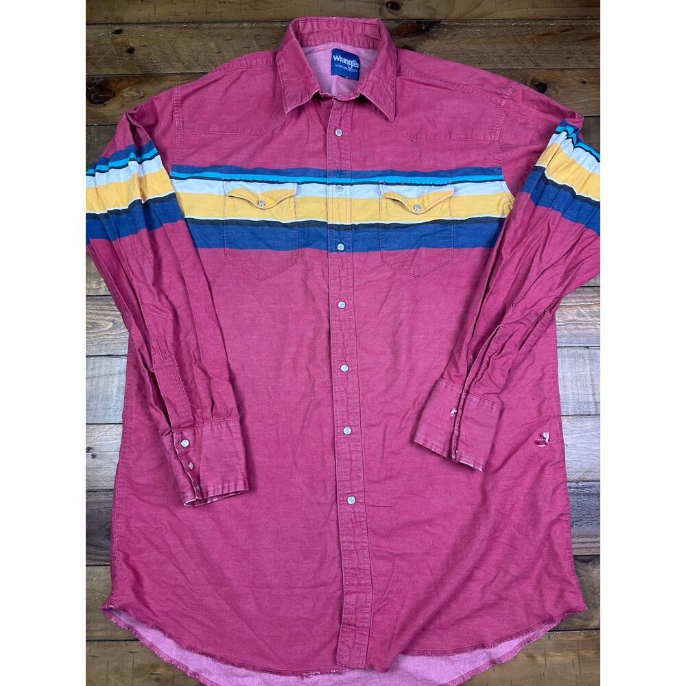 Vintage Wrangler Western Shirt Mens XL Red Pearl Snap Cowboy Work Casual Stripes